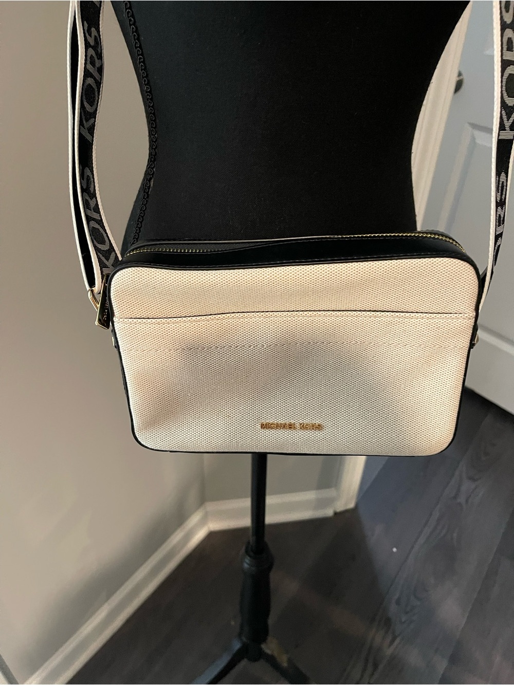 Michael Kors Cream and Black Crossbody Camera Bag with Logo Strap